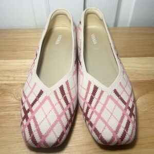 Vivaia Margot Red Pink Beige Plaid Square-Toe V-Cut Slip‎ On Shoes Flats